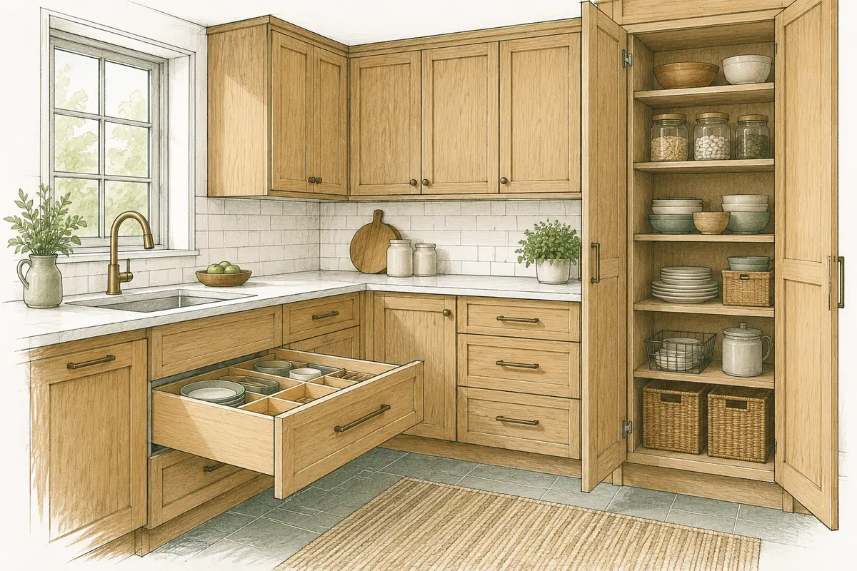 Conceptual kitchen cabinetry illustration with open drawer and pantry storage