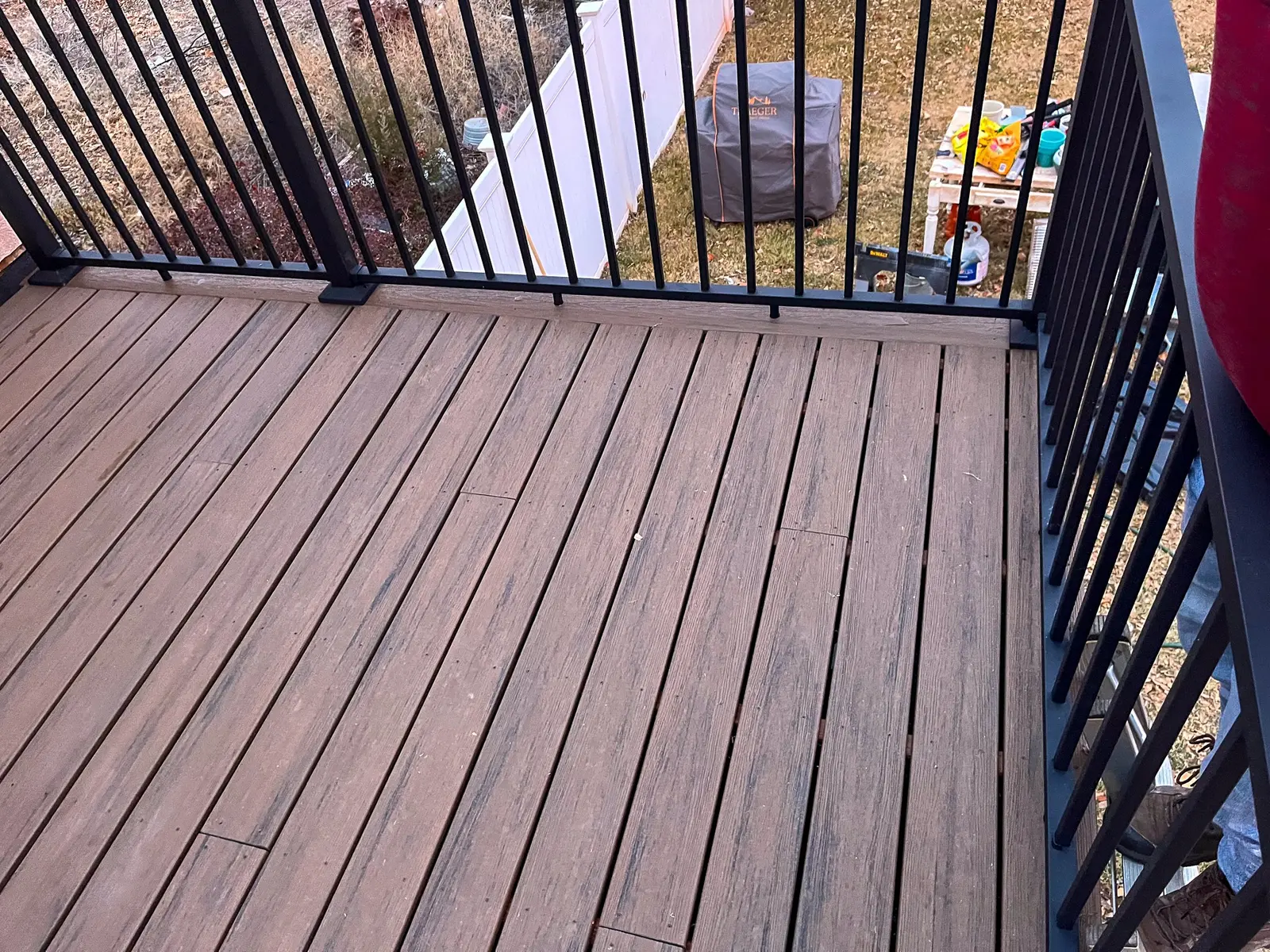 Timber deck boards with dark railing